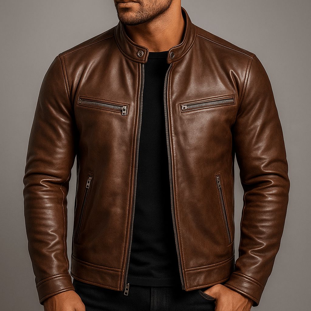 Men's Vintage Leather Biker Jacket Distressed Moto Style