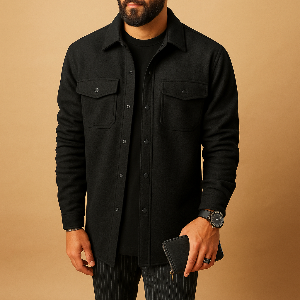 Men's Long-Sleeve Flannel Button-Up for Fall and Winter - Black