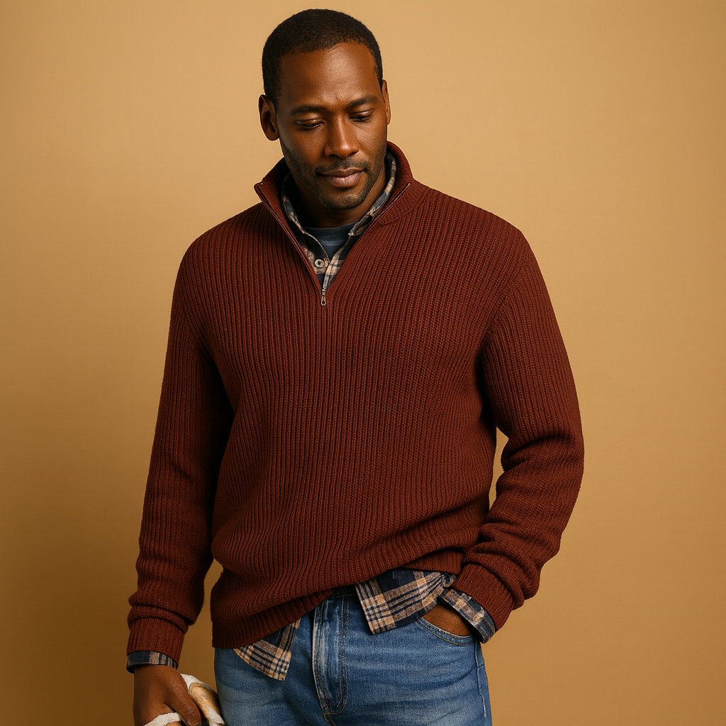 Men's Quarter-Zip Wool Knit Top with Structured Rib Texture - Wine Red