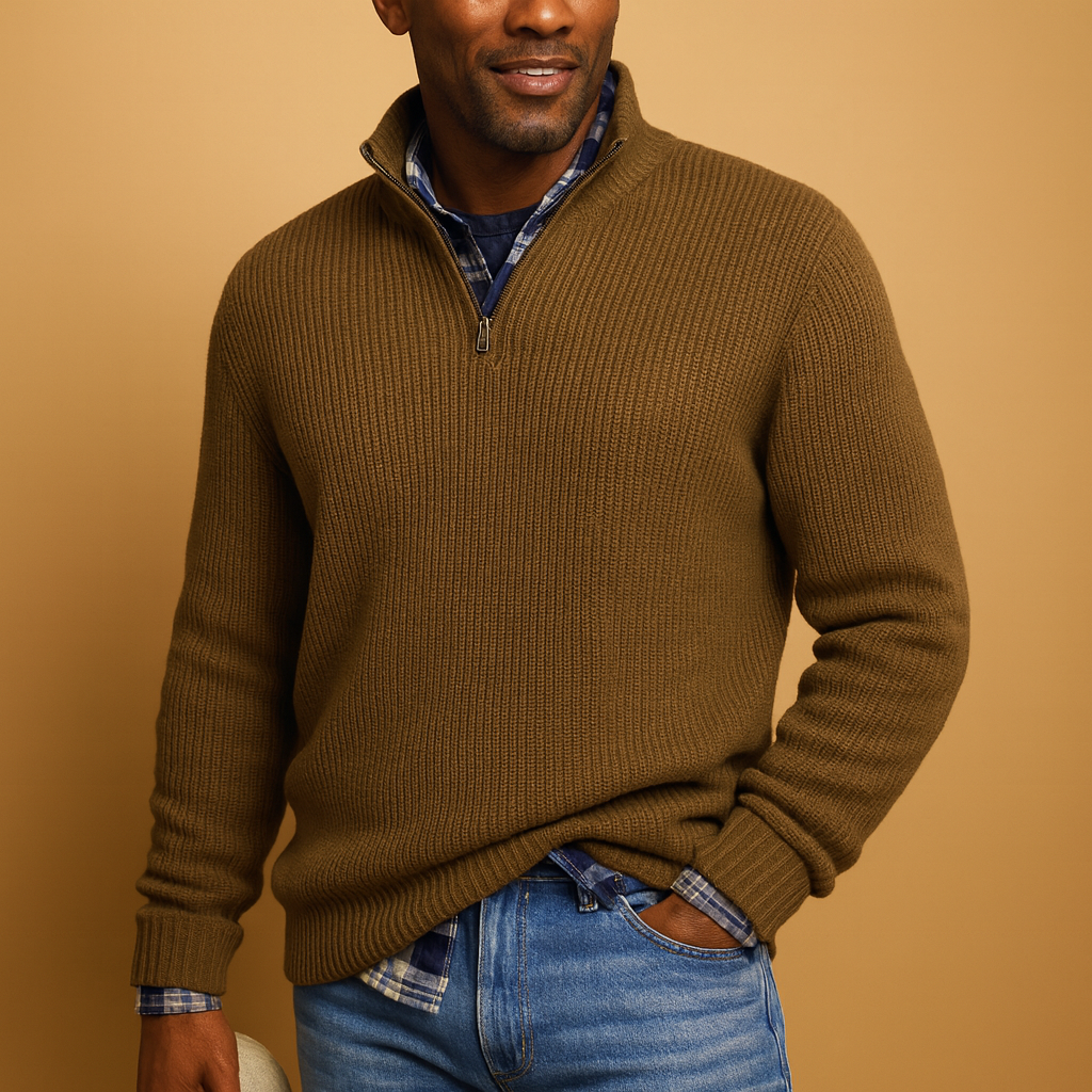 Men's Quarter-Zip Wool Knit Top with Structured Rib Texture - Brown
