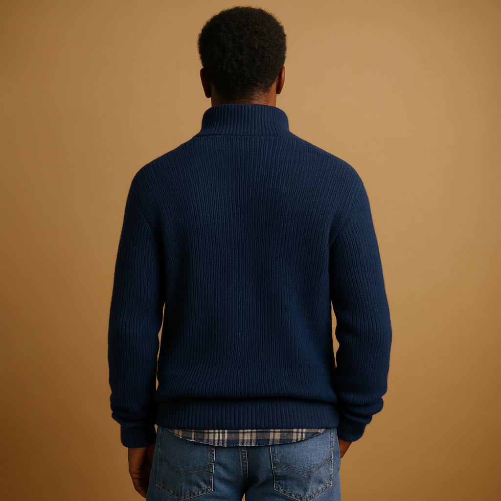 Men's Quarter-Zip Wool Knit Top with Structured Rib Texture