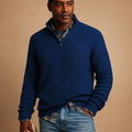 Men's Quarter-Zip Wool Knit Top with Structured Rib Texture - Dark Blue