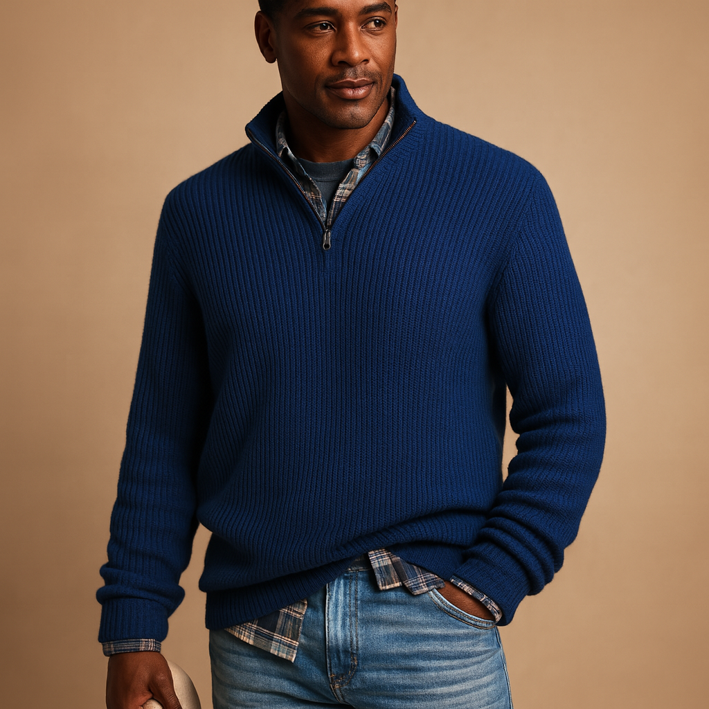 Men's Quarter-Zip Wool Knit Top with Structured Rib Texture - Dark Blue