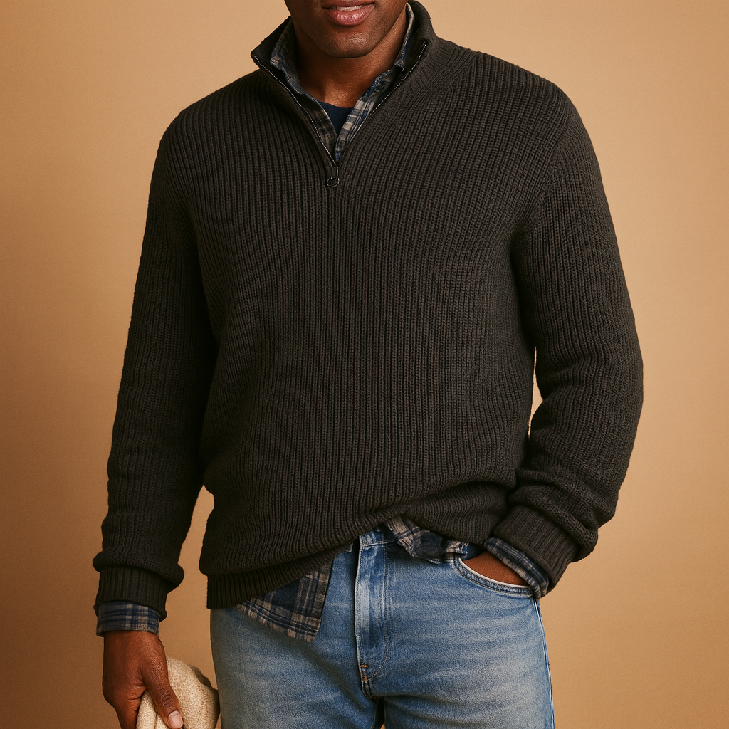 Men's Quarter-Zip Wool Knit Top with Structured Rib Texture - Black
