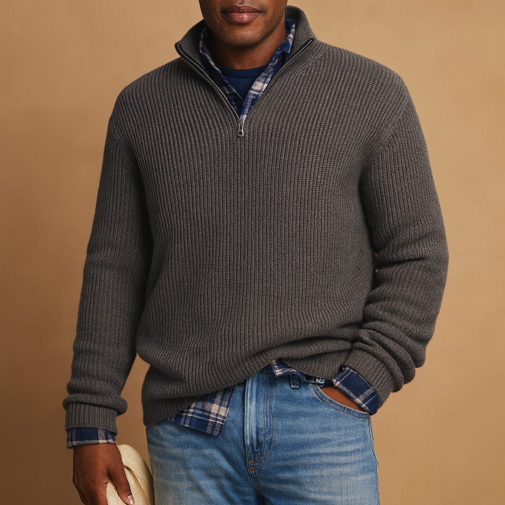 Men's Quarter-Zip Wool Knit Top with Structured Rib Texture - Gray