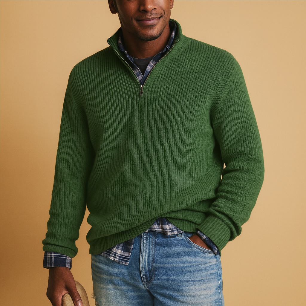 Men's Quarter-Zip Wool Knit Top with Structured Rib Texture - Green