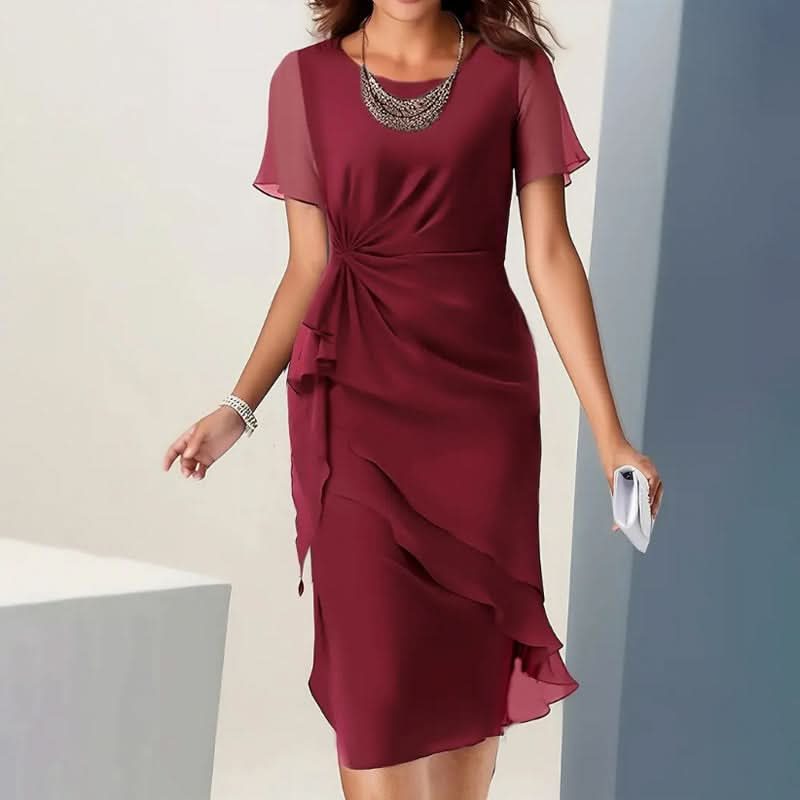 Women's Wrap Waist Midi Dress with Short Flutter Sleeves - Burgundy