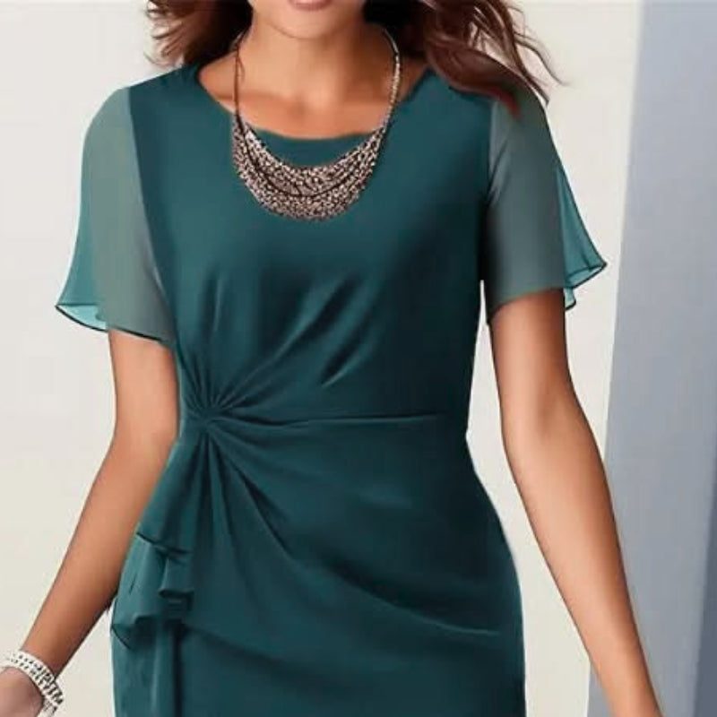 Women's Wrap Waist Midi Dress with Short Flutter Sleeves