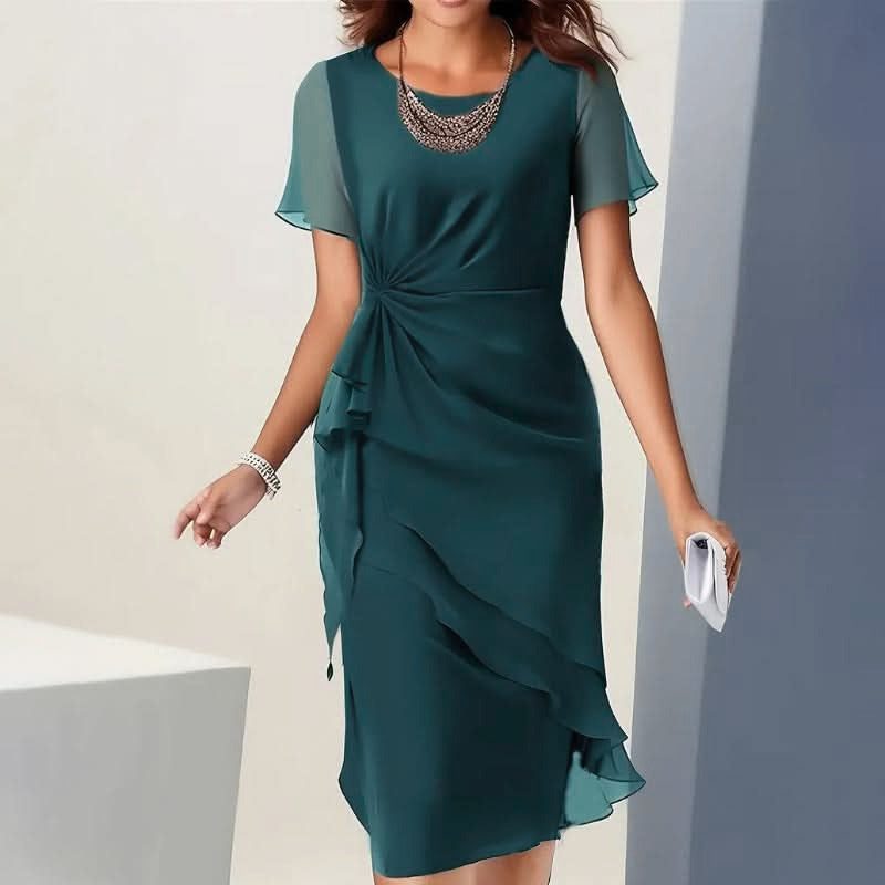 Women's Wrap Waist Midi Dress with Short Flutter Sleeves - Green