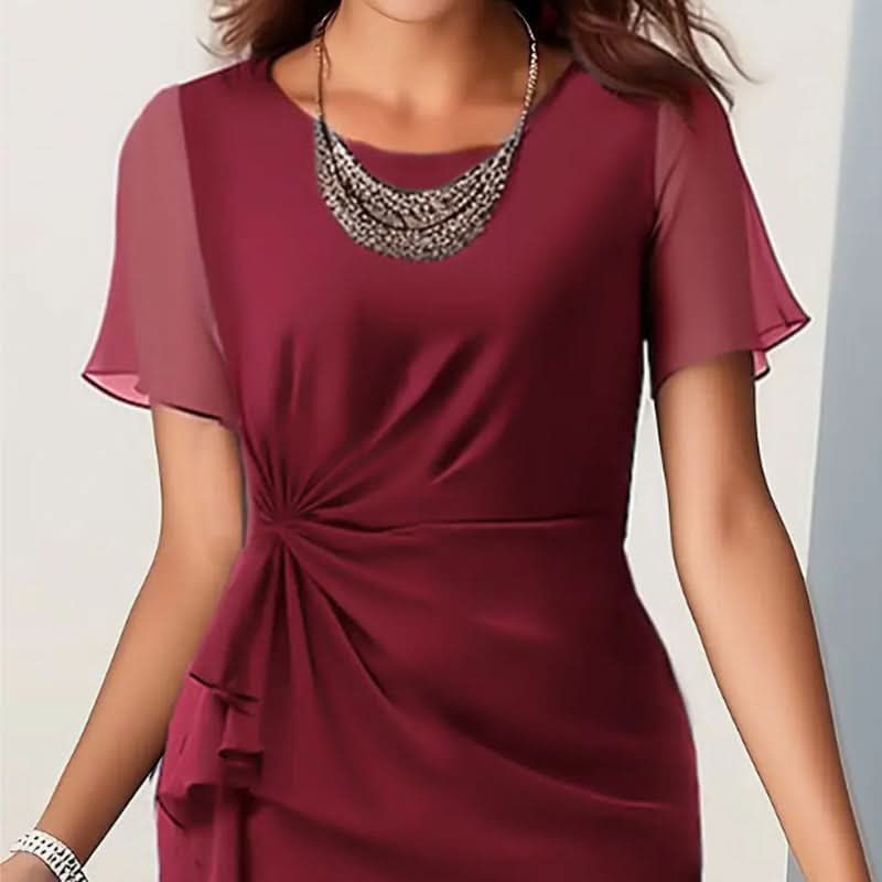Women's Wrap Waist Midi Dress with Short Flutter Sleeves