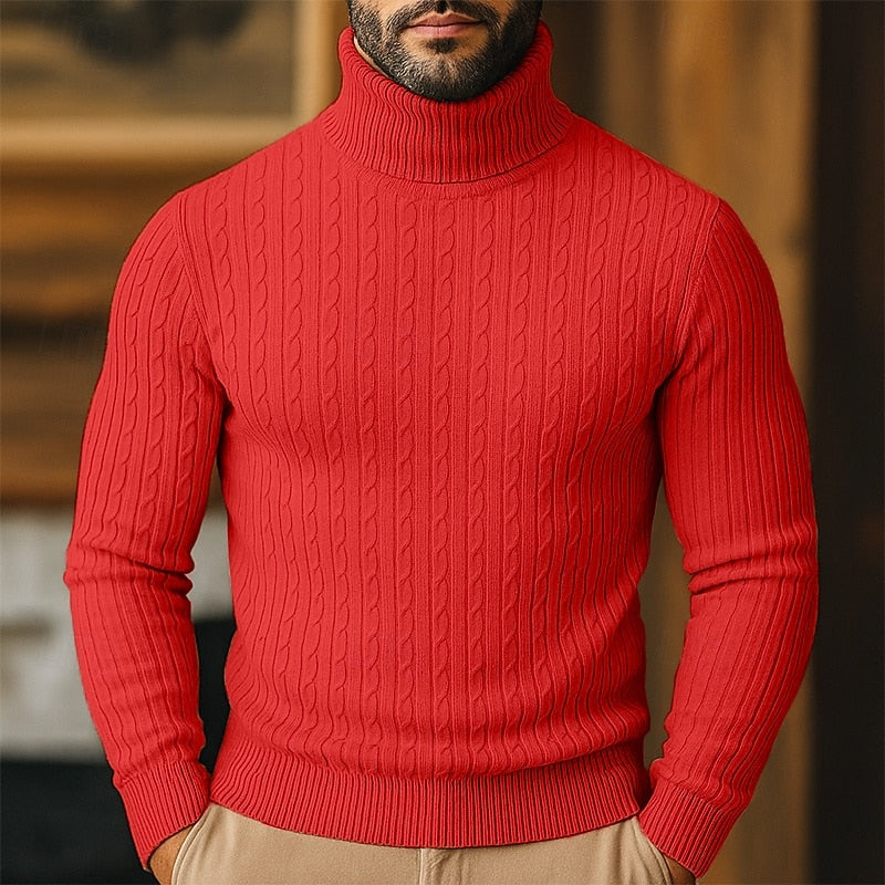 Men's Slim-Fit Turtleneck Sweater with Twisted Cable Texture - Red