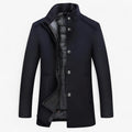 Men's Wool Button-Front Winter Overcoat with Raised Collar - Navy Blue