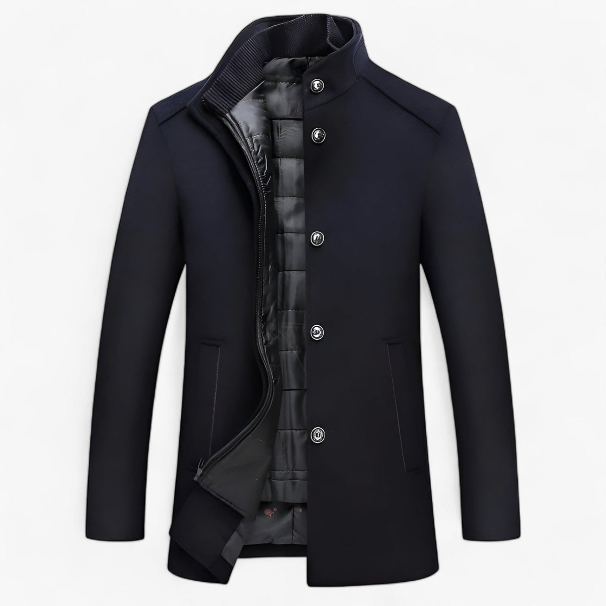 Men's Wool Button-Front Winter Overcoat with Raised Collar - Navy Blue