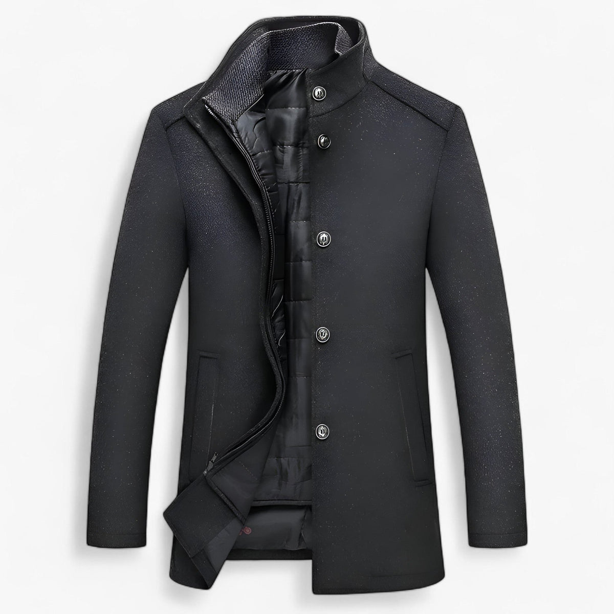 Men's Wool Button-Front Winter Overcoat with Raised Collar - Dark Gray