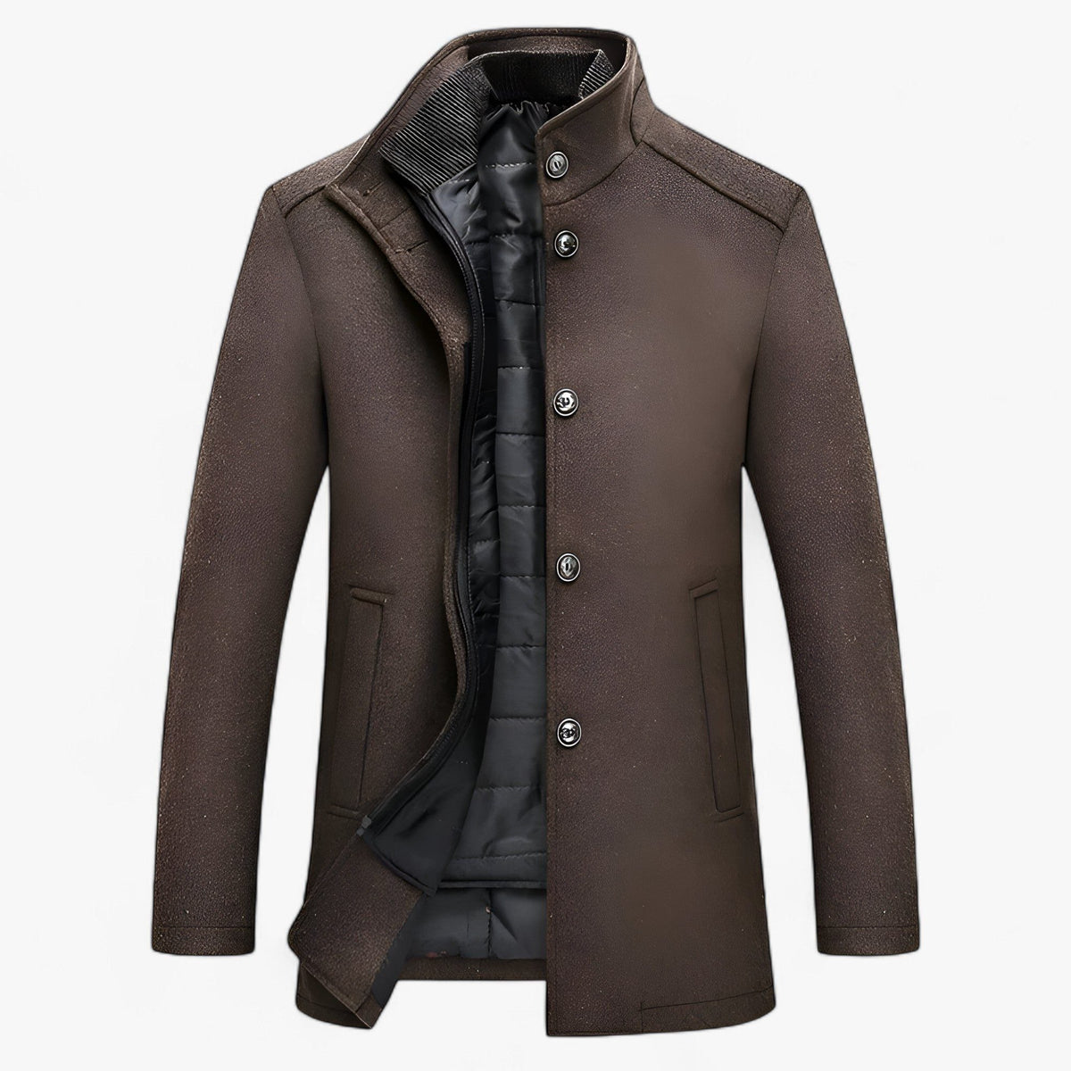Men's Wool Button-Front Winter Overcoat with Raised Collar - Dark Brown