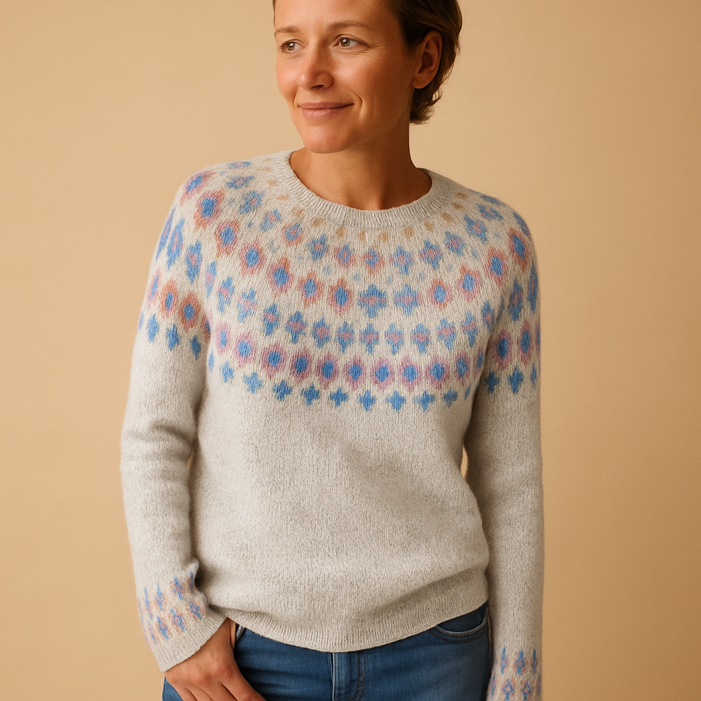 Women's Colorful Yoke Print Wool Blend Crew Sweater - White
