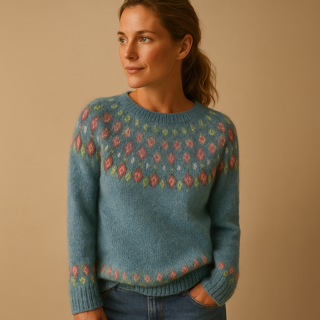Women's Colorful Yoke Print Wool Blend Crew Sweater - Blue