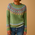 Women's Colorful Yoke Print Wool Blend Crew Sweater - Sage Green