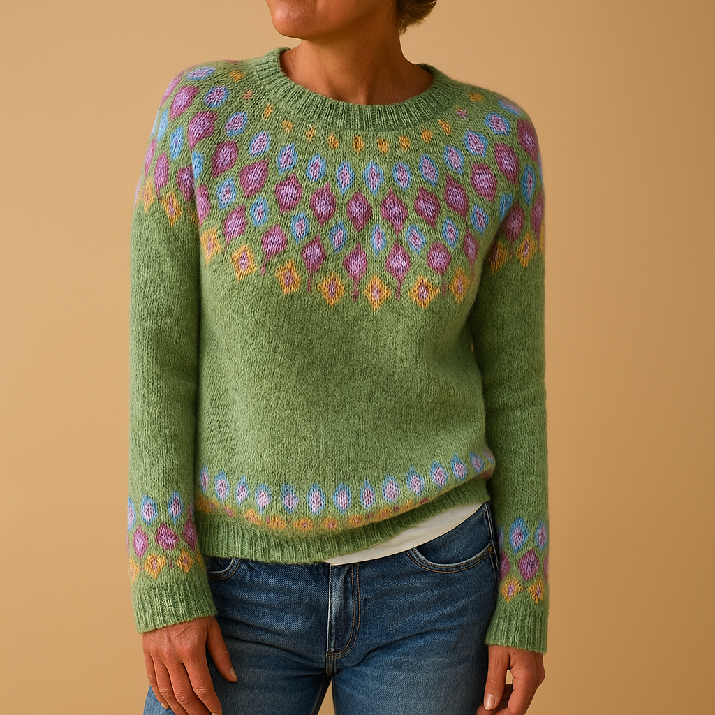 Women's Colorful Yoke Print Wool Blend Crew Sweater - Sage Green