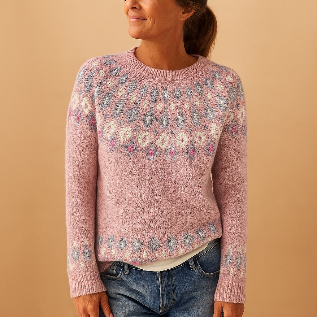 Women's Colorful Yoke Print Wool Blend Crew Sweater - Pink