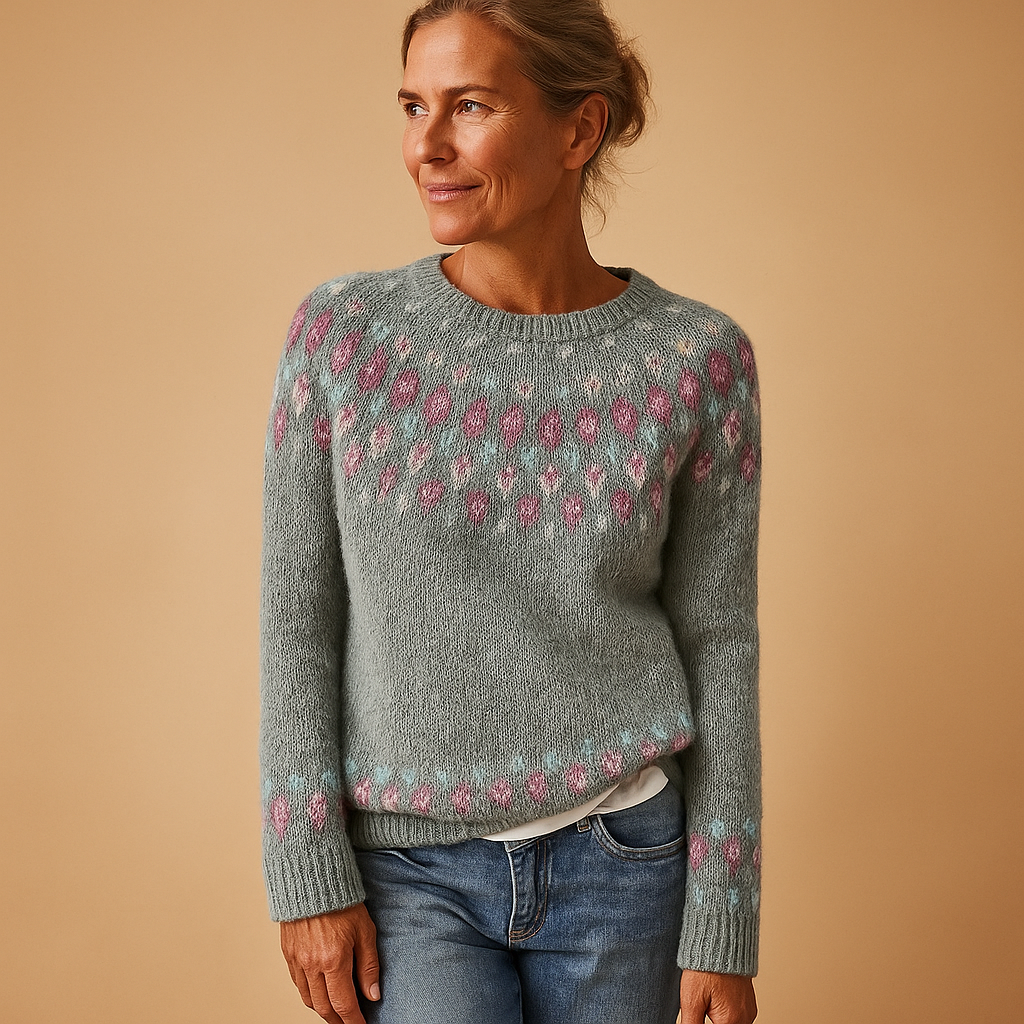 Women's Colorful Yoke Print Wool Blend Crew Sweater - Gray