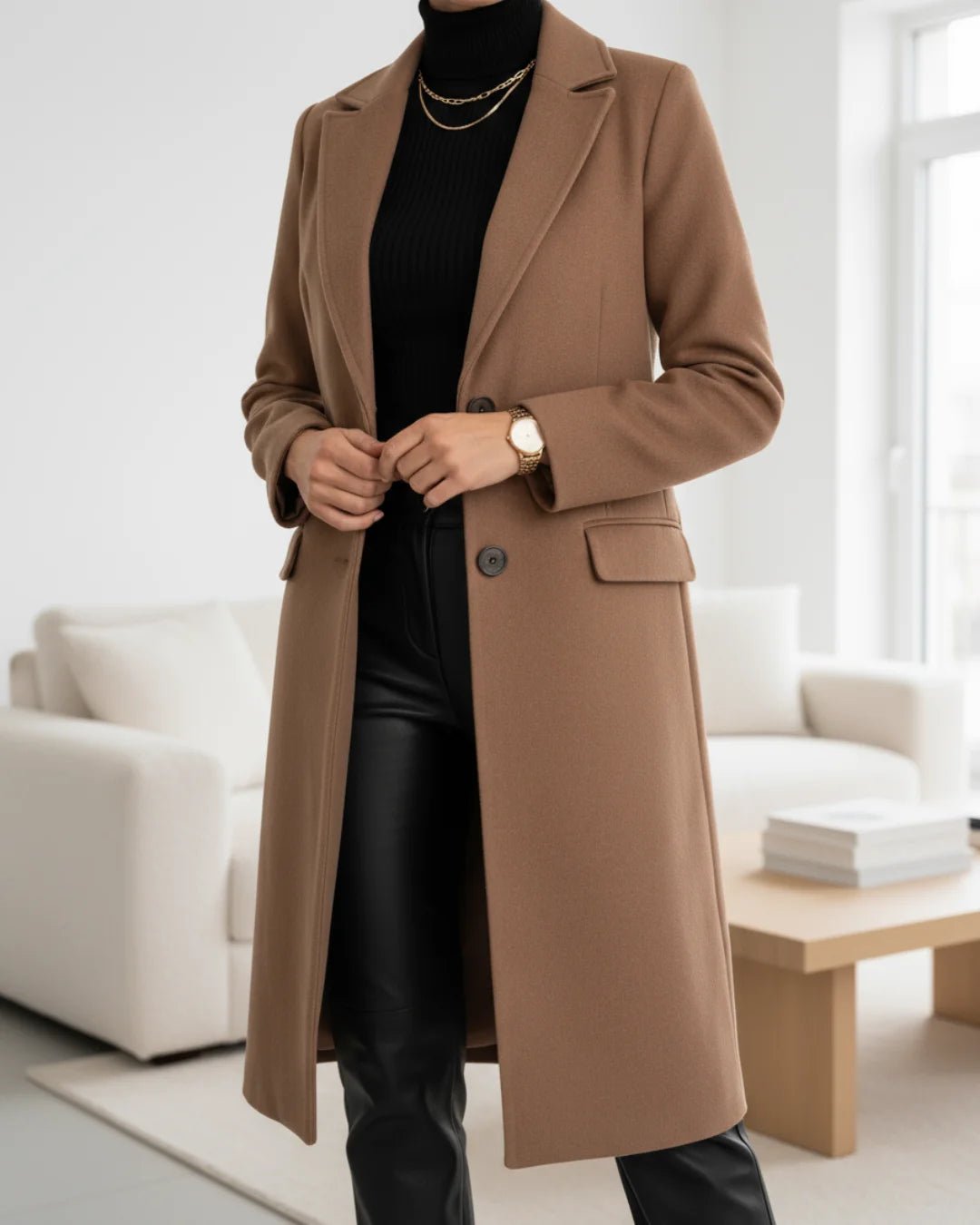Women's Wool-Look Tailored Dress Coat with Notched Lapel - Brown