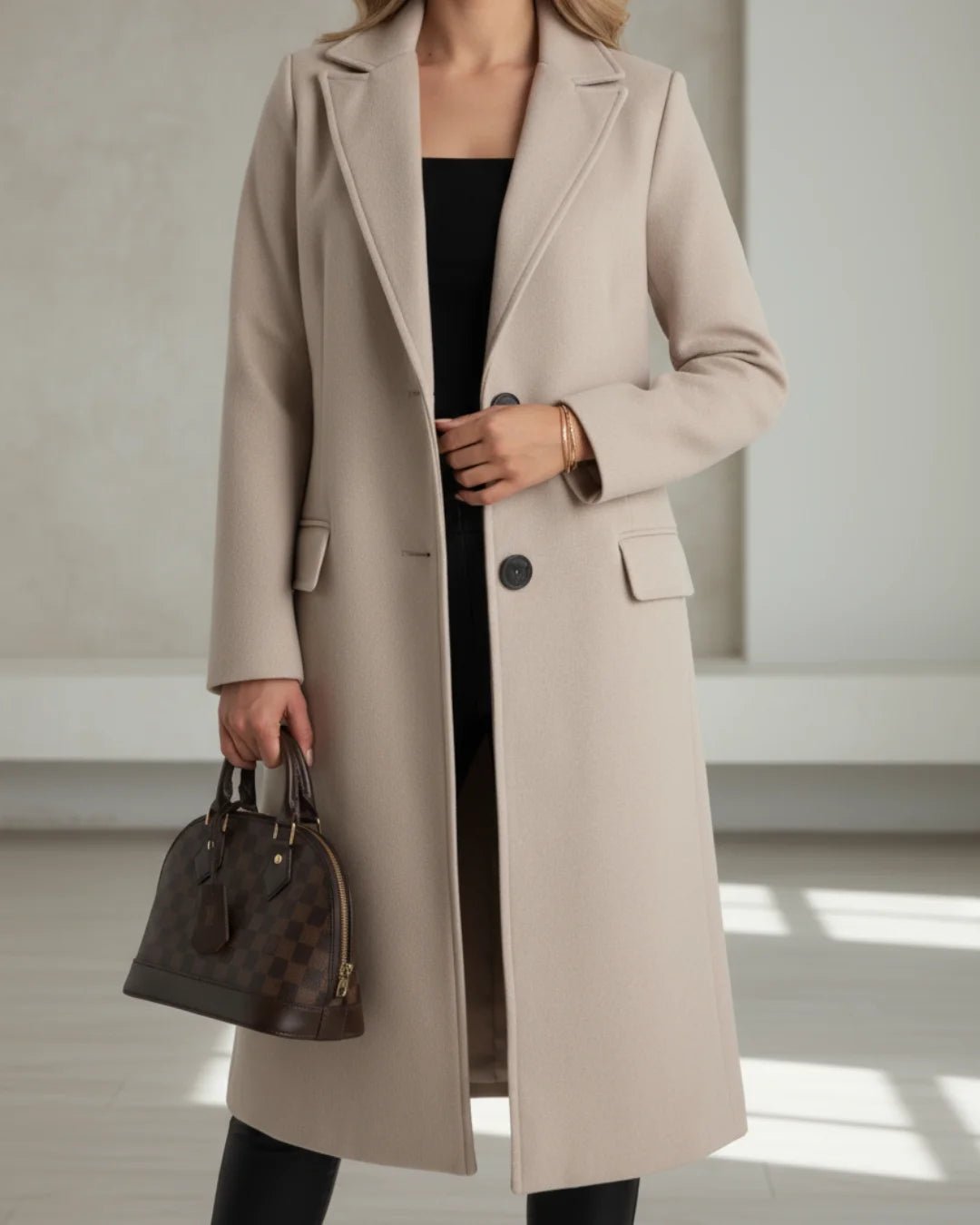 Women's Wool-Look Tailored Dress Coat with Notched Lapel - Beige