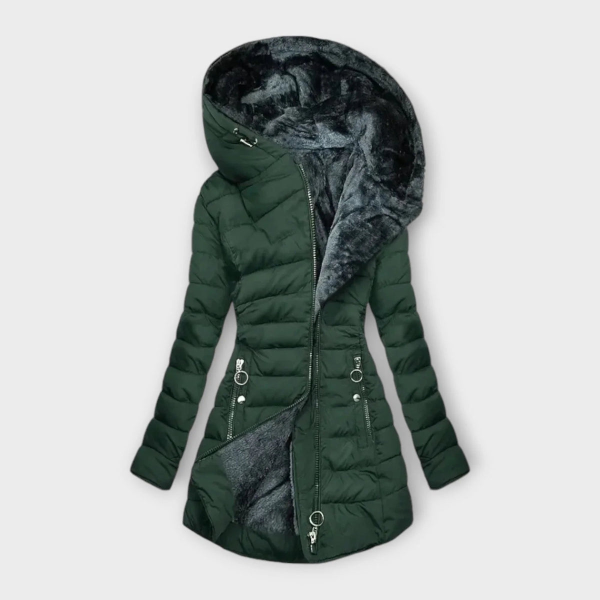 Women's Everyday Quilted Puffer with Faux Fur Lining and Pockets - Dark Green