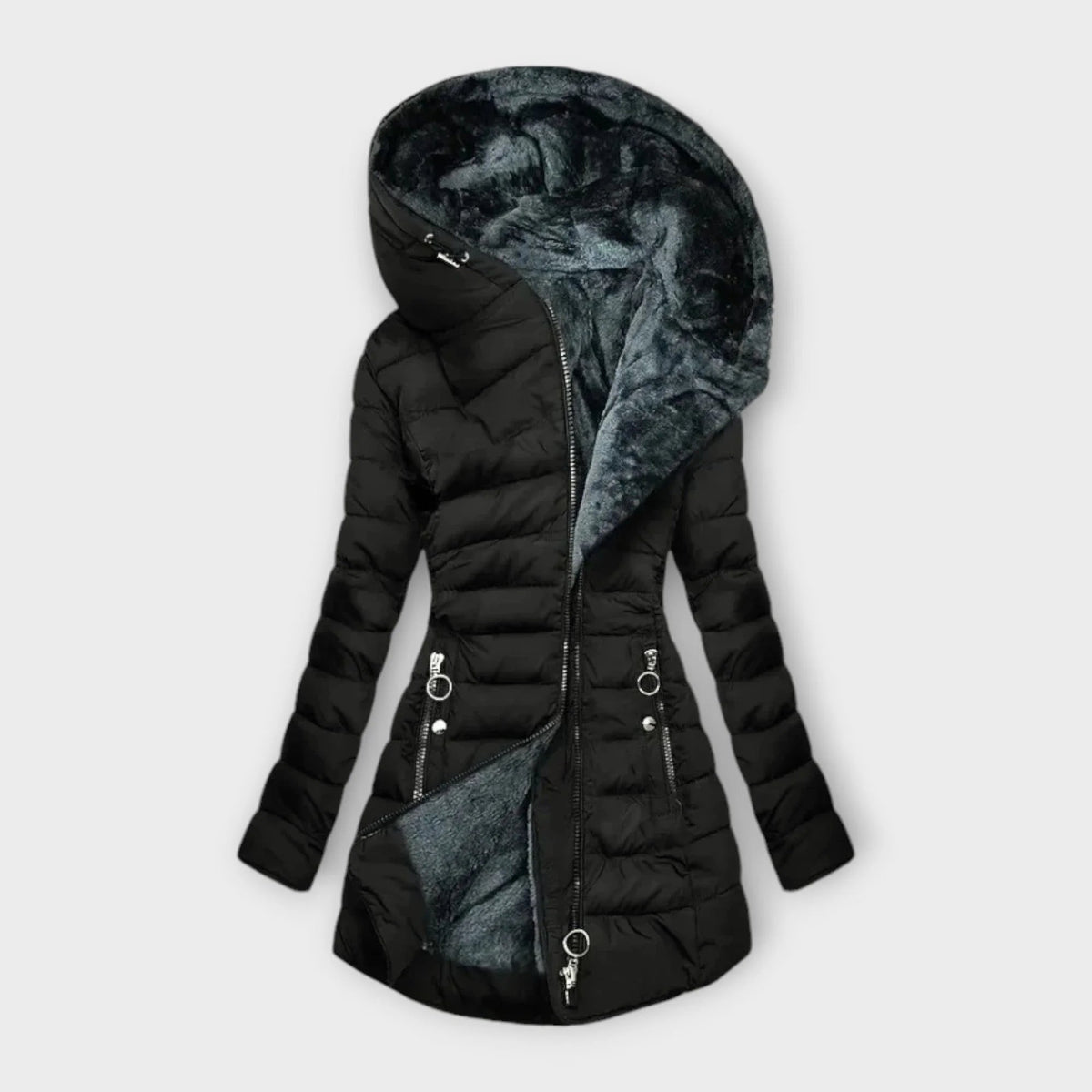 Women's Everyday Quilted Puffer with Faux Fur Lining and Pockets - Black