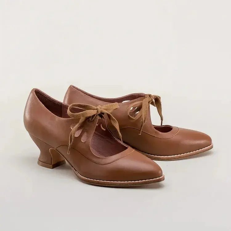 Women's Cushioned Faux Leather Pumps with Ankle Laces and Flared Heel