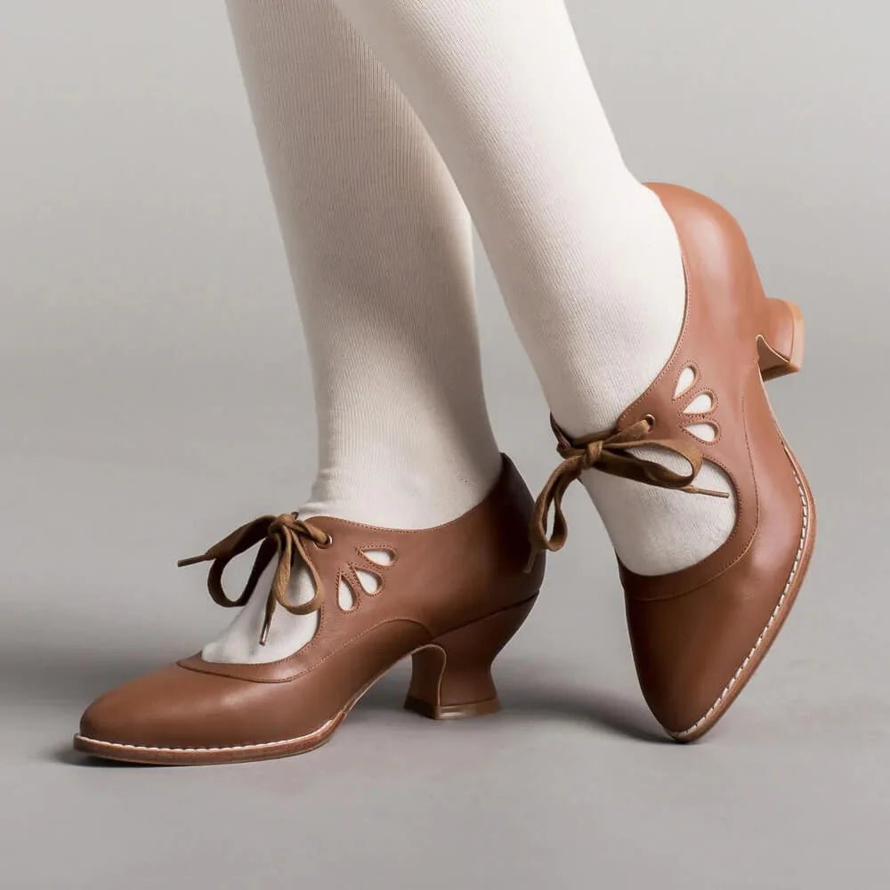 Women's Cushioned Faux Leather Pumps with Ankle Laces and Flared Heel - Brown