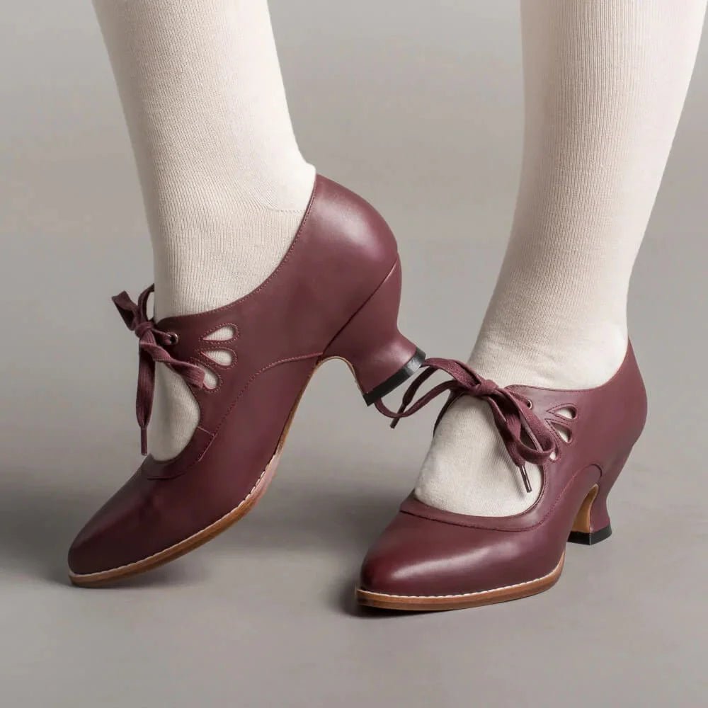 Women's Cushioned Faux Leather Pumps with Ankle Laces and Flared Heel - Burgundy