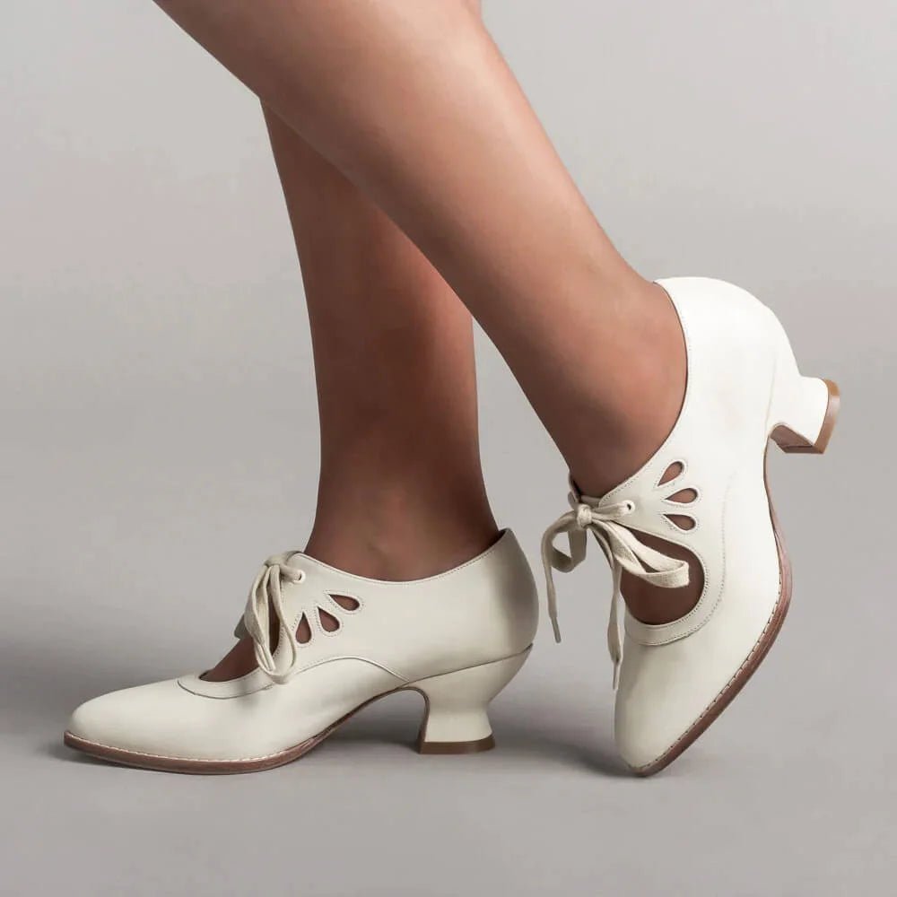 Women's Cushioned Faux Leather Pumps with Ankle Laces and Flared Heel - White