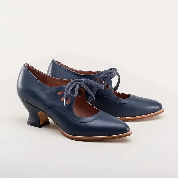 Women's Cushioned Faux Leather Pumps with Ankle Laces and Flared Heel