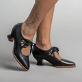 Women's Cushioned Faux Leather Pumps with Ankle Laces and Flared Heel - Black