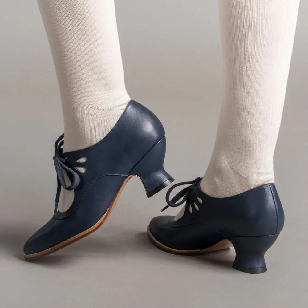 Women's Cushioned Faux Leather Pumps with Ankle Laces and Flared Heel - Blue