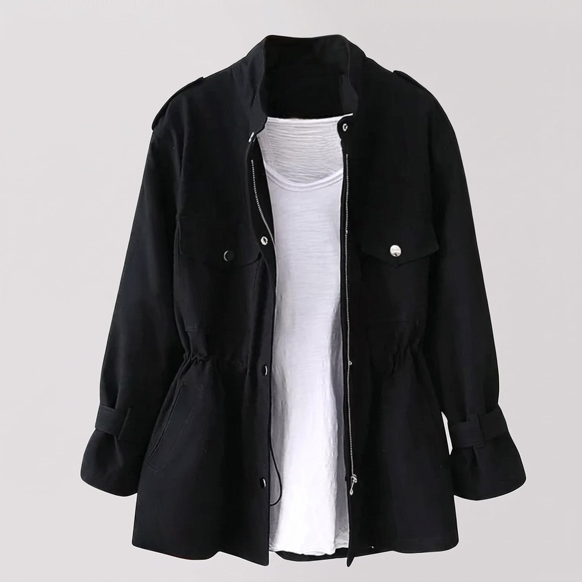 Women's Structured Belted Overcoat in Wool-Style Blend - Black