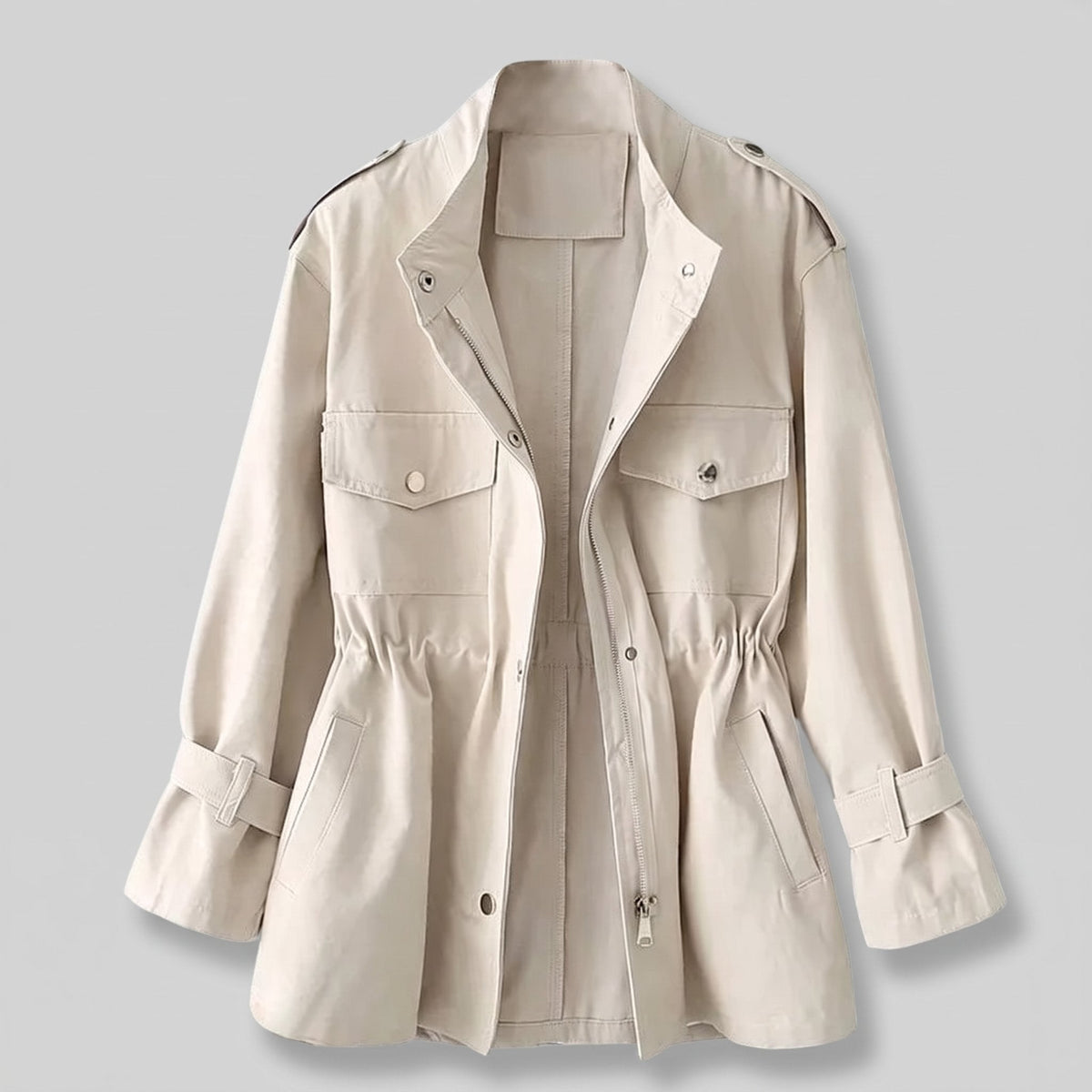 Women's Structured Belted Overcoat in Wool-Style Blend - Cream