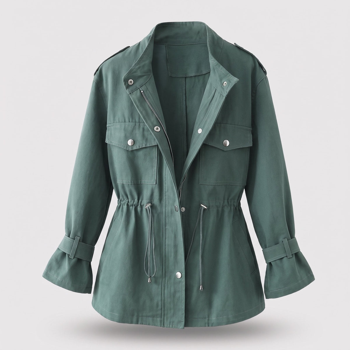 Women's Structured Belted Overcoat in Wool-Style Blend - Green