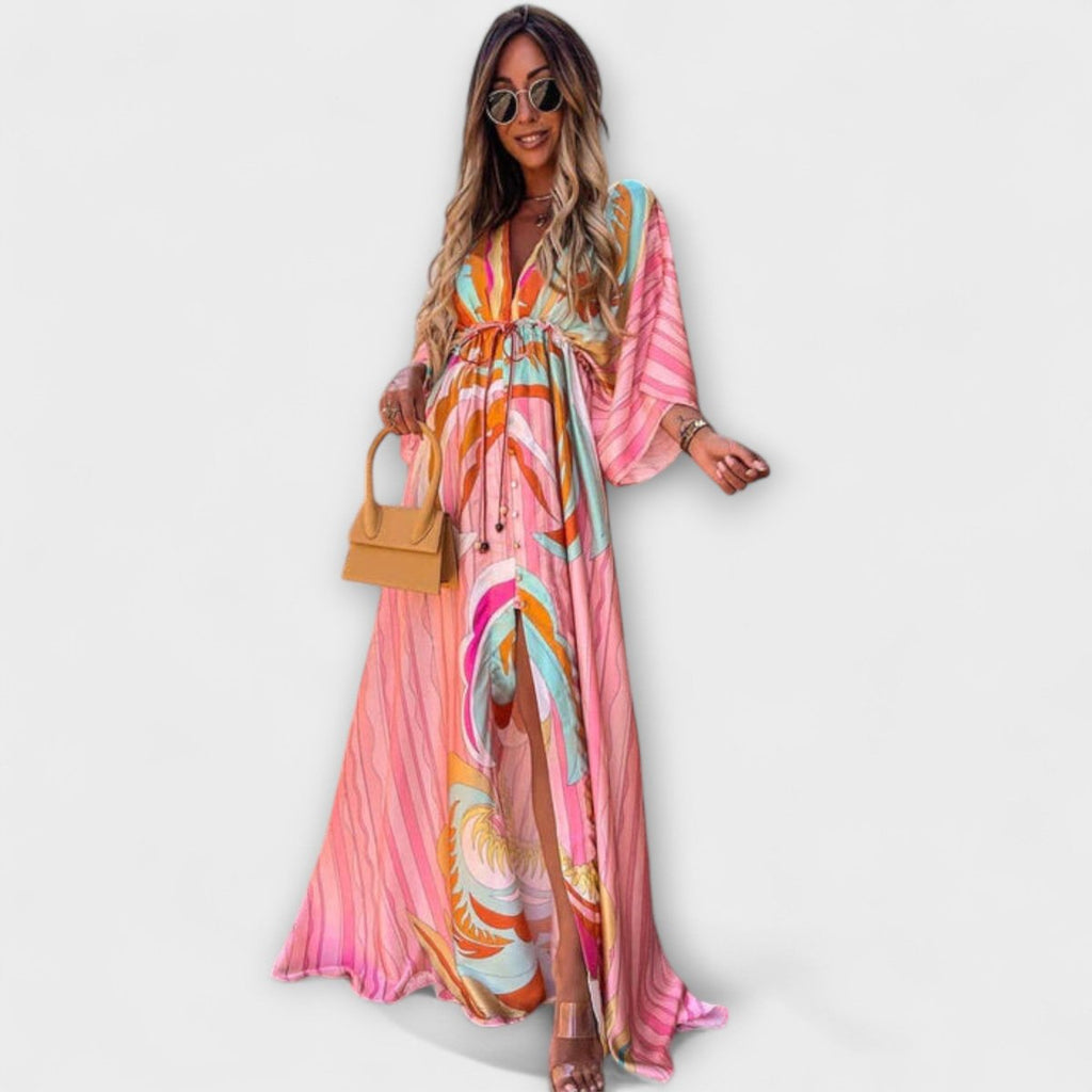 Women's Abstract Print V-Neck Drawstring Flowy Maxi Dress