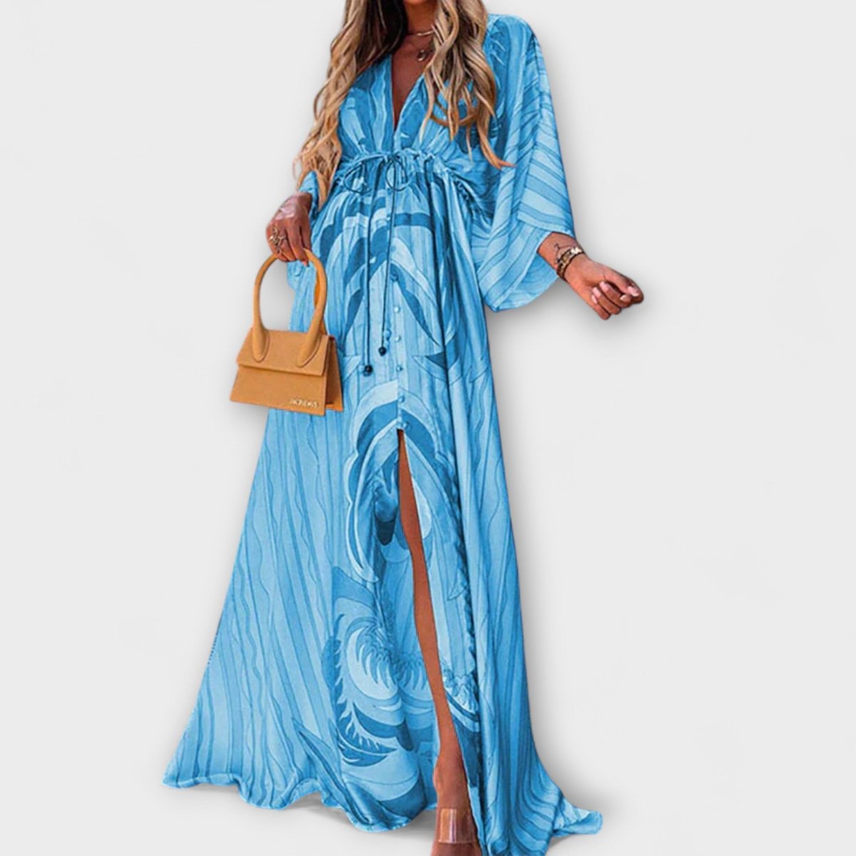 Women's Abstract Print V-Neck Drawstring Flowy Maxi Dress