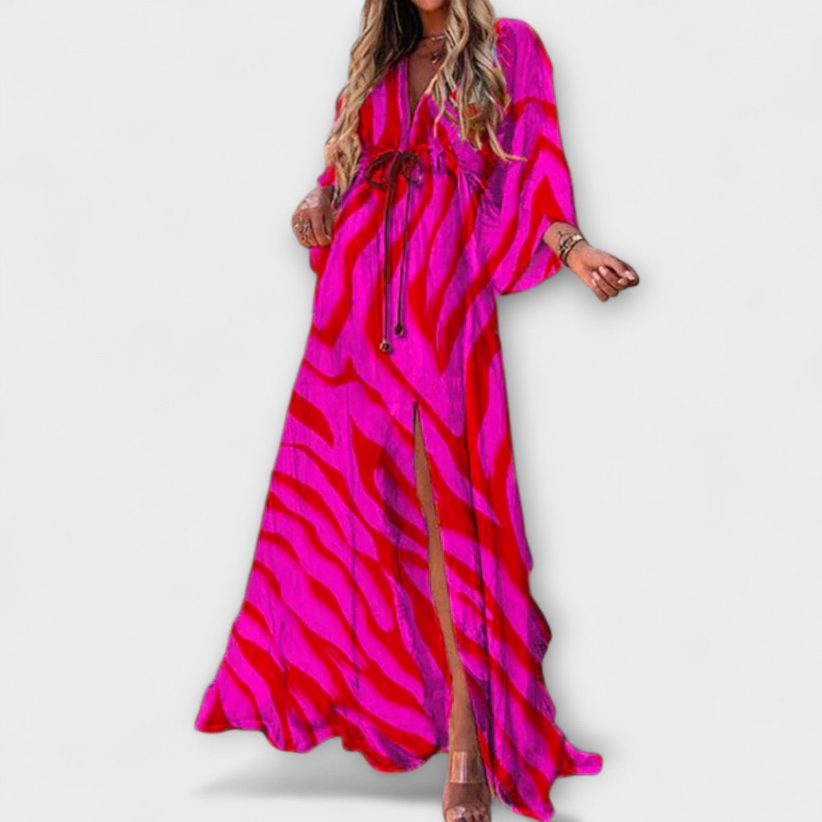 Women's Abstract Print V-Neck Drawstring Flowy Maxi Dress