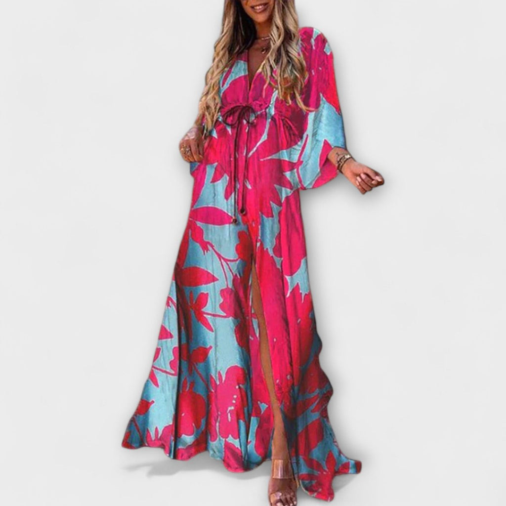 Women's Abstract Print V-Neck Drawstring Flowy Maxi Dress