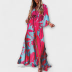 Women's Abstract Print V-Neck Drawstring Flowy Maxi Dress