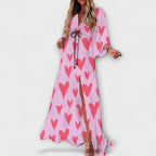 Women's Abstract Print V-Neck Drawstring Flowy Maxi Dress