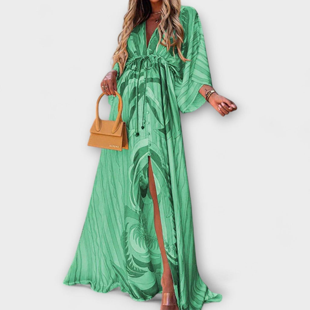 Women's Abstract Print V-Neck Drawstring Flowy Maxi Dress