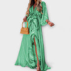 Women's Abstract Print V-Neck Drawstring Flowy Maxi Dress