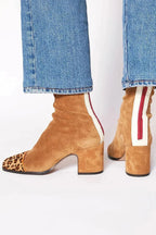 Women's Block-Heel Suede Leopard-Toe Ankle Boots