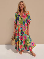 Women's Boho Floral Button-Front V-Neck Maxi Dress