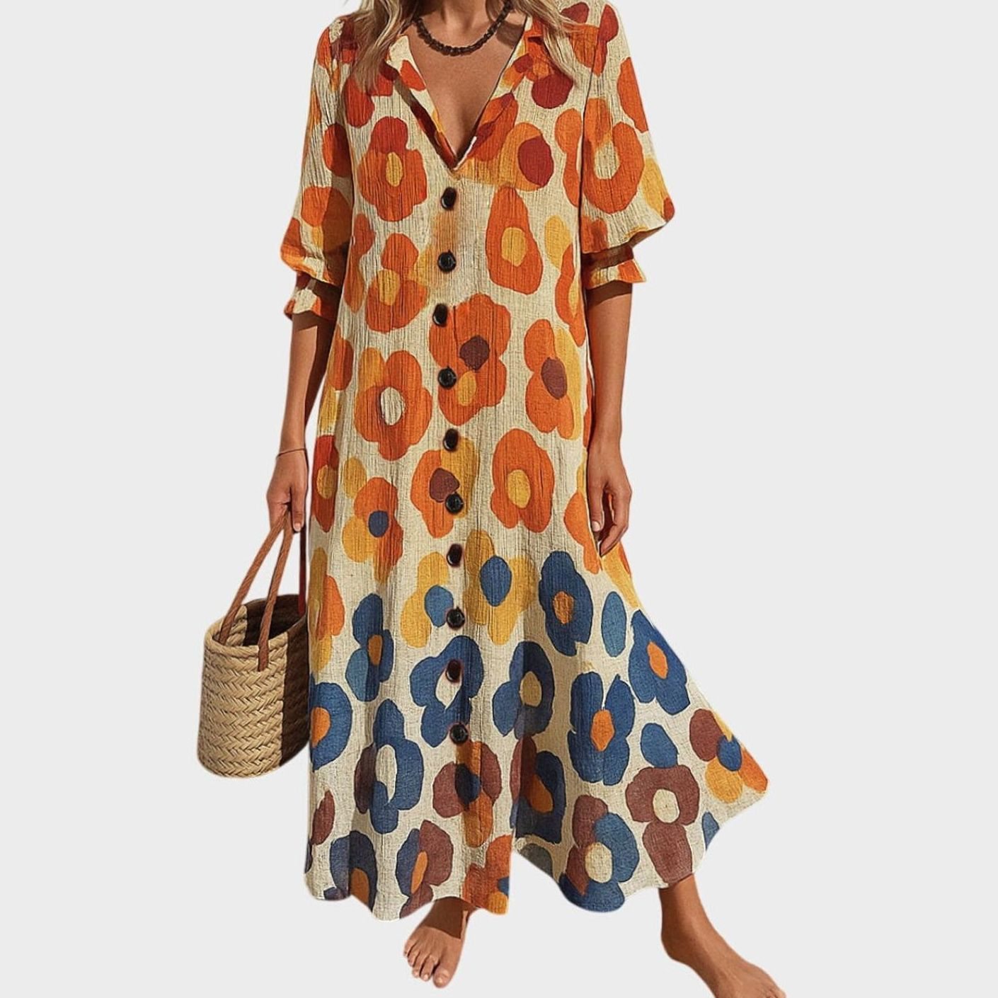 Women's Boho Floral Button-Front V-Neck Maxi Dress